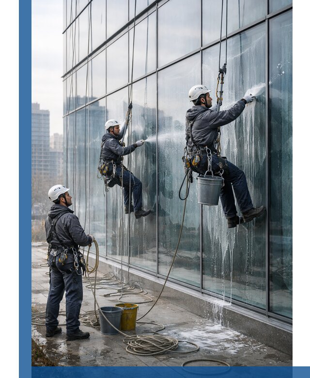 Промышленная мойка панорамных окон на высоте в Усолье-Сибирском