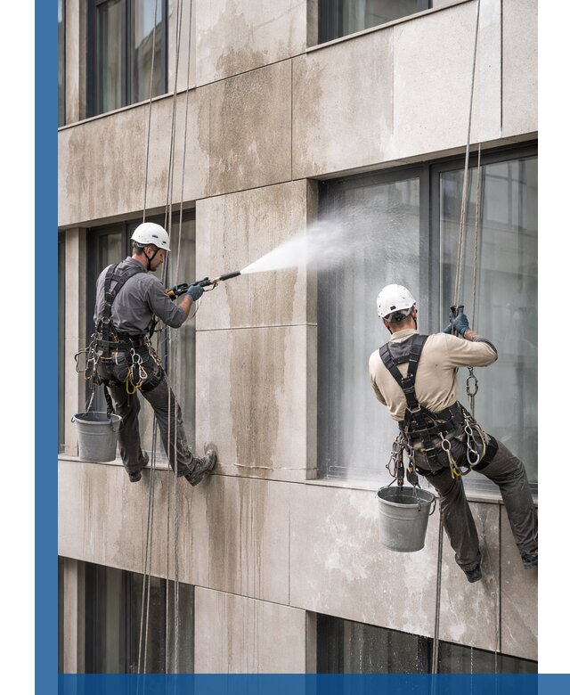 Послестроительная мойка фасада промышленным альпинизмом в Усолье-Сибирском