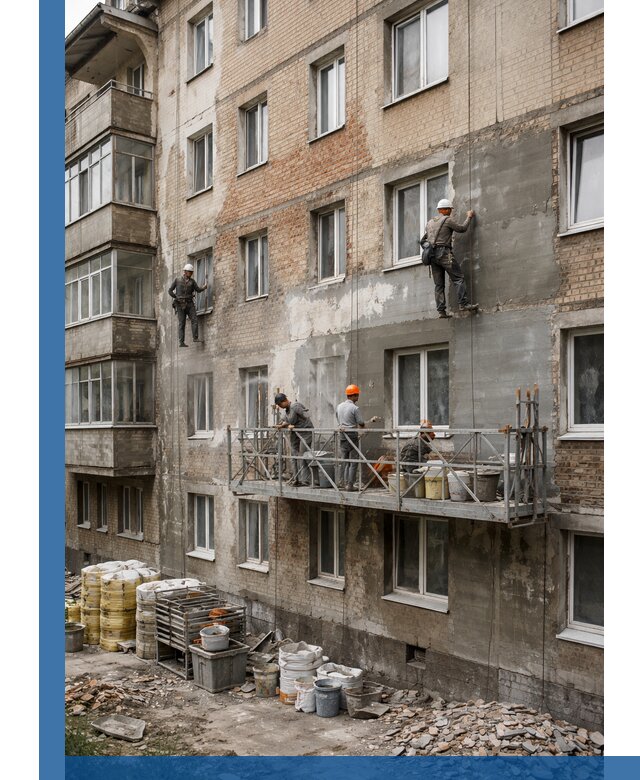 Капитальный ремонт фасада в Усолье-Сибирском с восстановлением и гидроизоляцией