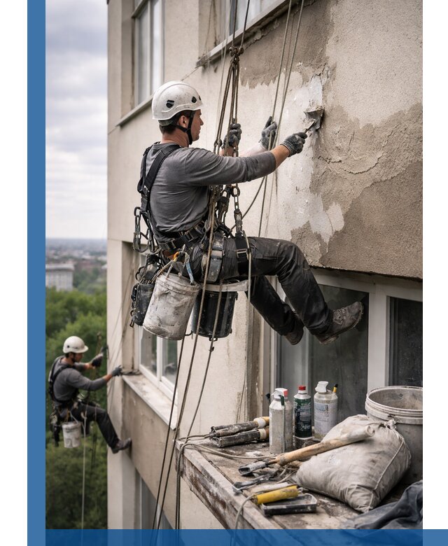 Косметический ремонт фасада зданий в Усолье-Сибирском промышленными альпинистами