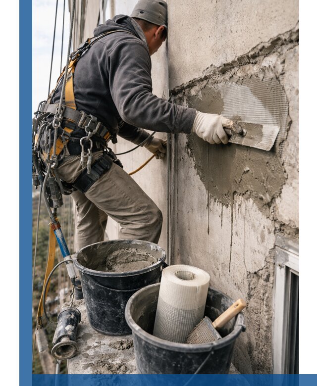 Ремонт бетонных элементов фасада промышленными альпинистами в Усолье-Сибирском