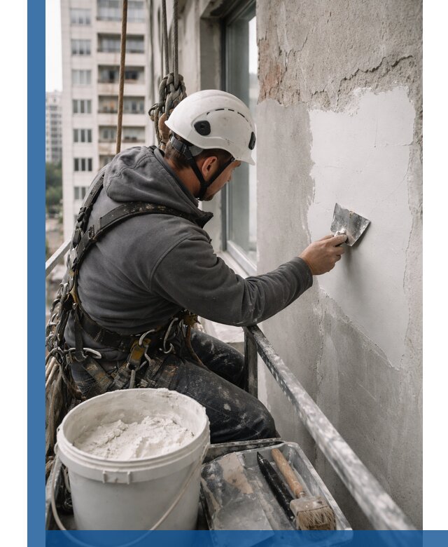 Шпаклевка фасадов на высоте с промальпинистами в Усолье-Сибирском