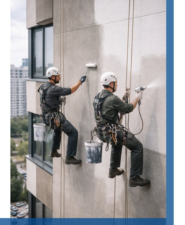 Покраска фасада альпинистами в Усолье-Сибирском от 310 р. | ВЫСОТНИК-Сль