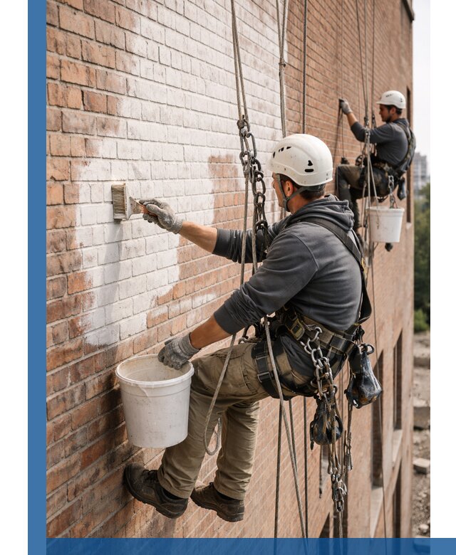 Покраска кирпичного фасада с доступным альпинистским сервисом в Усолье-Сибирском