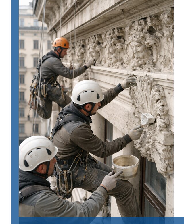 Реставрация фасадной лепнины с высотными работами в Усолье-Сибирском