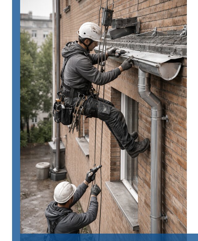 Монтаж водосточной системы на здании в Усолье-Сибирском под ключ