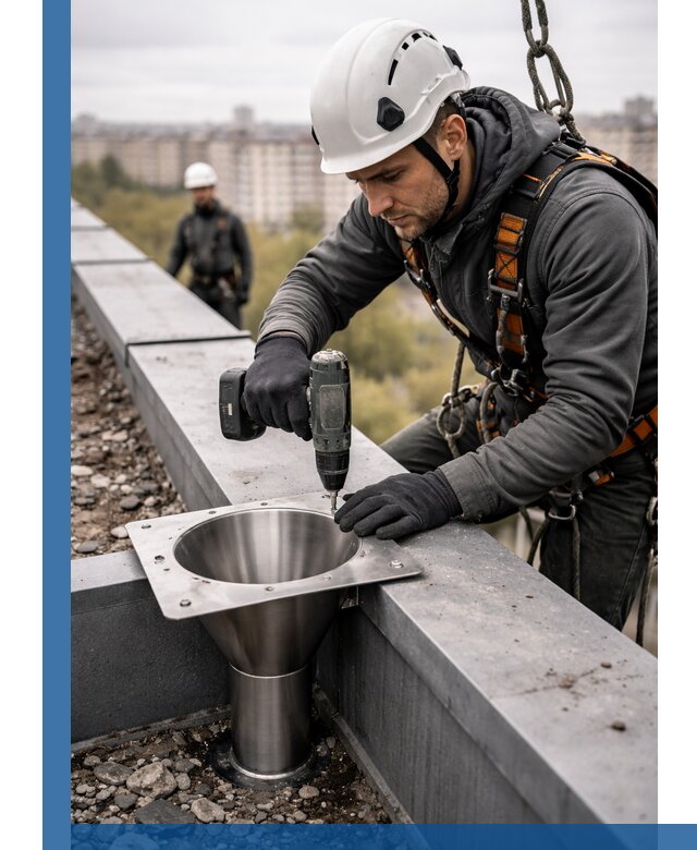 Монтаж водосточных воронок в Усолье-Сибирском для промышленных зданий