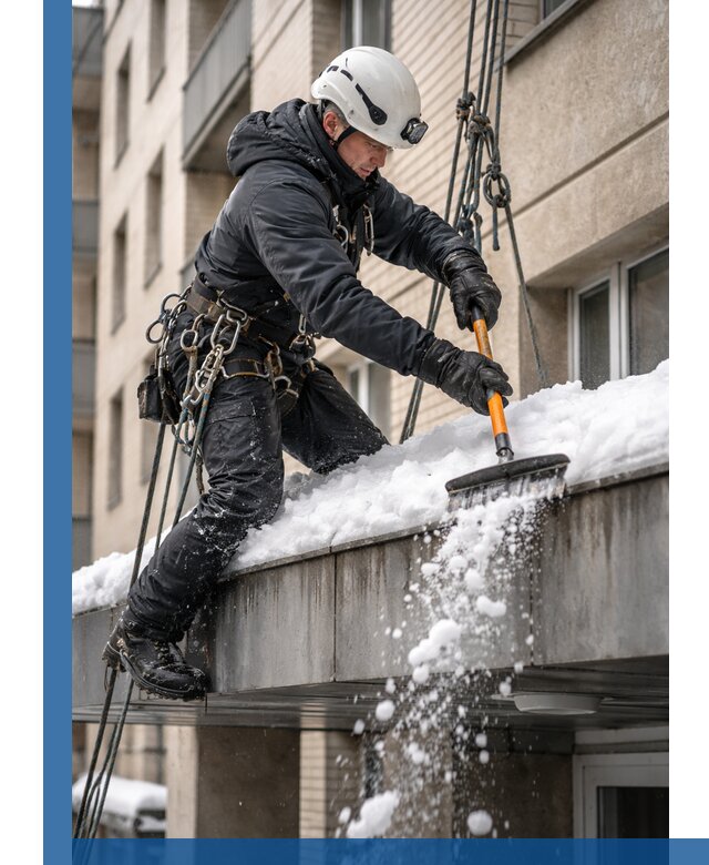 Очистка козырьков от снега в Усолье-Сибирском круглогодично безопасно