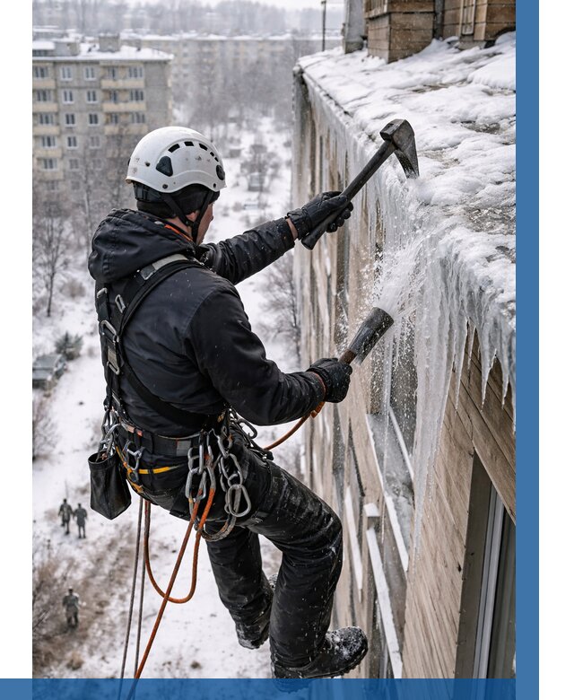 Сбивание сосулек с крыши в Усолье-Сибирском по цене от 4644 р. | ВЫСОТНИК-Сль