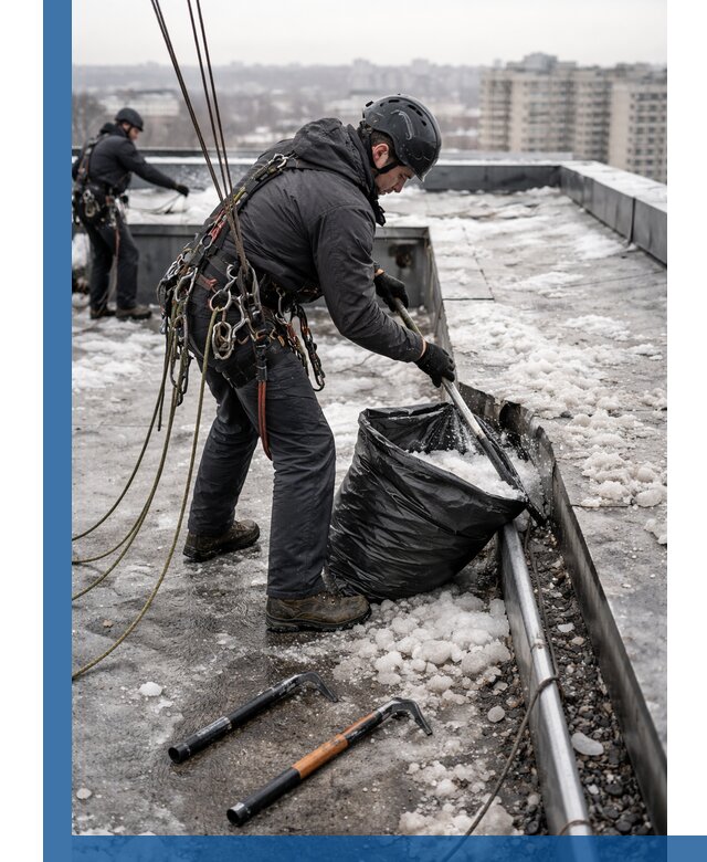 Аварийная очистка кровли в Усолье-Сибирском от промальпинистов