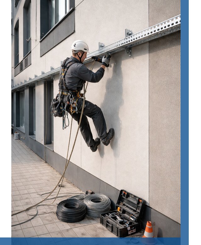 Монтаж кабельных лотков на фасаде в Усолье-Сибирском от 1238 р. | ВЫСОТНИК-Сль