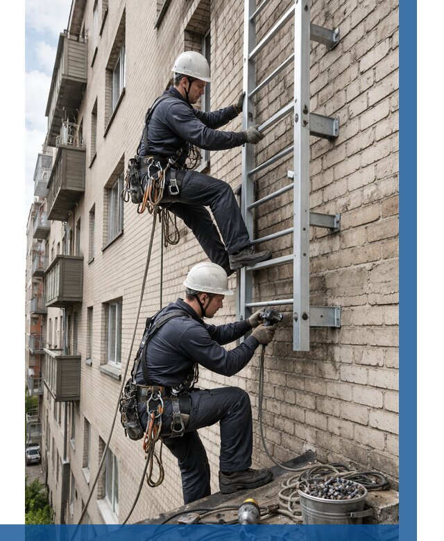 Монтаж пожарной лестницы в Усолье-Сибирском от 25800 р заказать у ВЫСОТНИК-Сль