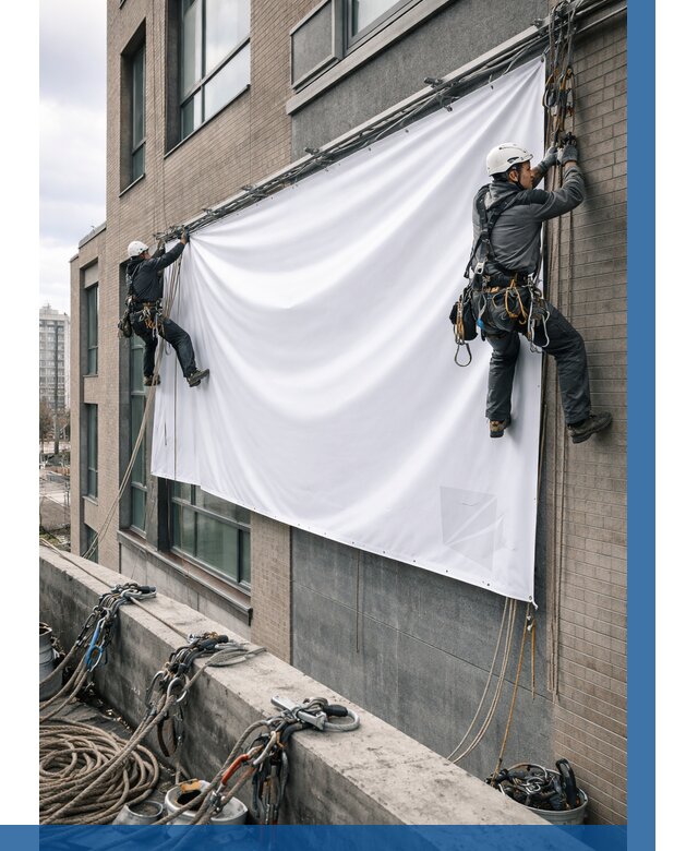 Монтаж баннеров на фасаде в Усолье-Сибирском от 671 р. заказать ВЫСОТНИК-Сль