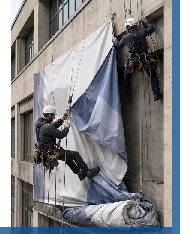 Демонтаж баннеров с фасада в Усолье-Сибирском от 4644 р. | ВЫСОТНИК-Сль