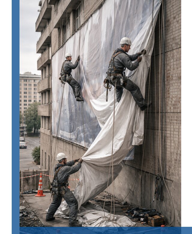 Демонтаж баннеров с фасада в Усолье-Сибирском оперативно и безопасно