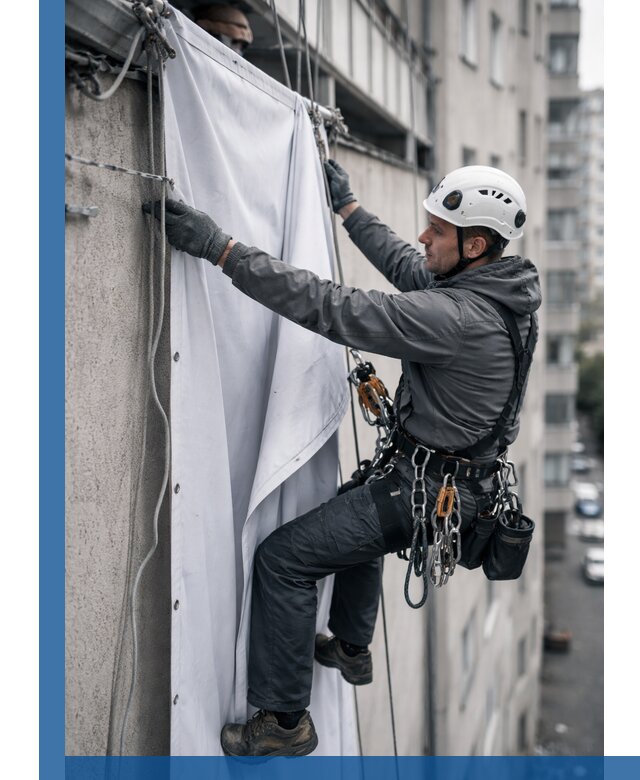 Замена баннерного полотна промышленными альпинистами в Усолье-Сибирском