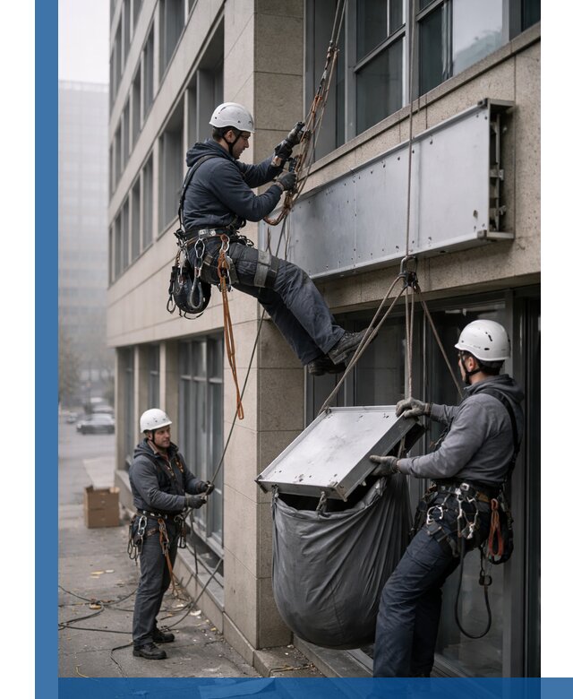 Демонтаж рекламной вывески с высотными работами в Усолье-Сибирском