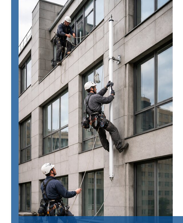 Монтаж флагштока на фасаде здания с креплением и герметикой в Усолье-Сибирском
