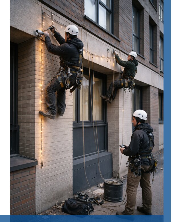 Монтаж гирлянд на фасаде в Усолье-Сибирском от 3612 р. | ВЫСОТНИК-Сль