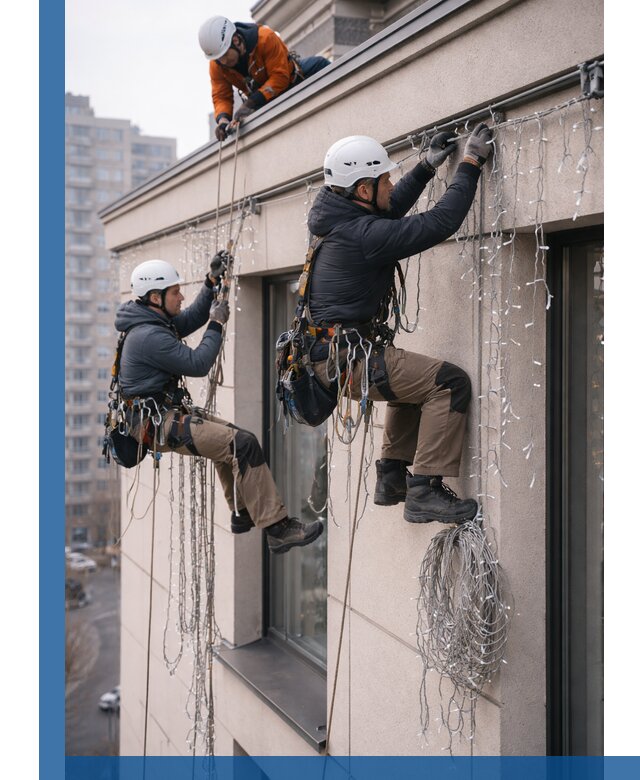 Монтаж праздничных гирлянд на фасаде в Усолье-Сибирском для зданий