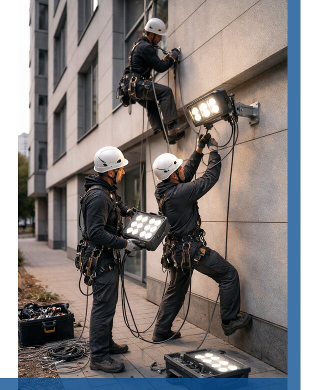 Монтаж прожекторов на фасаде в Усолье-Сибирском от 7740 р. | ВЫСОТНИК-Сль