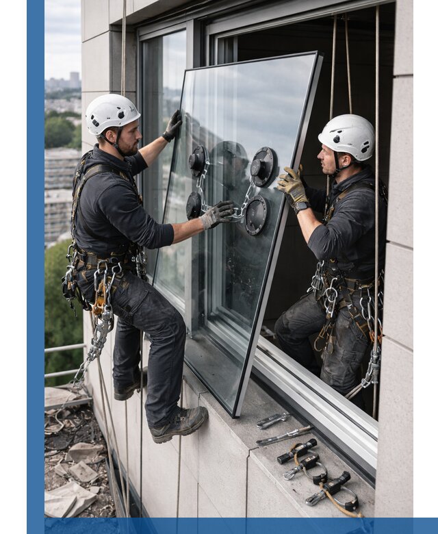 Замена стеклопакетов на высоте с промышленными альпинистами в Усолье-Сибирском