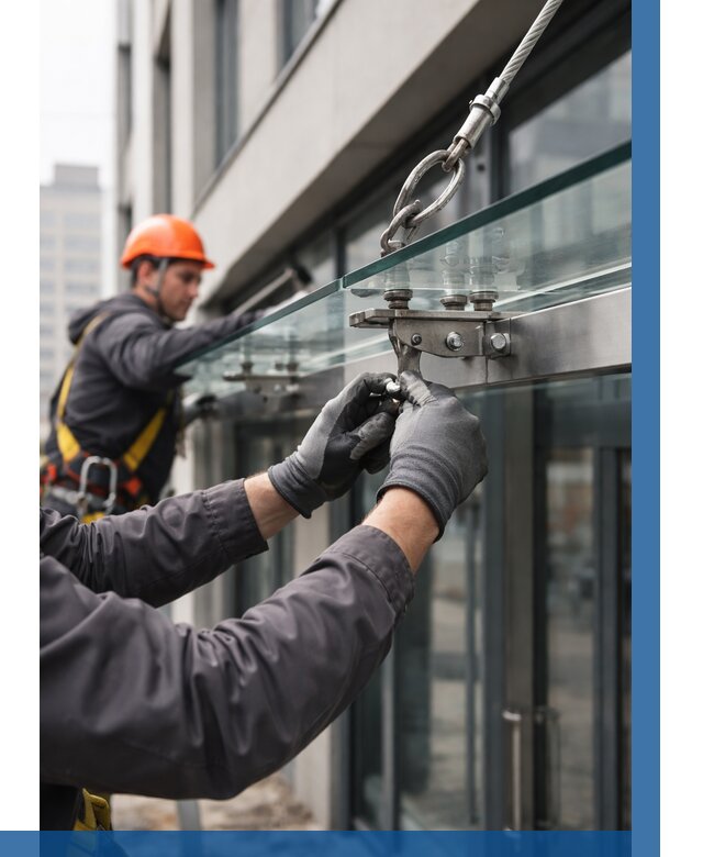 Монтаж стеклянных козырьков в Усолье-Сибирском от 8772 р. | ВЫСОТНИК-Сль