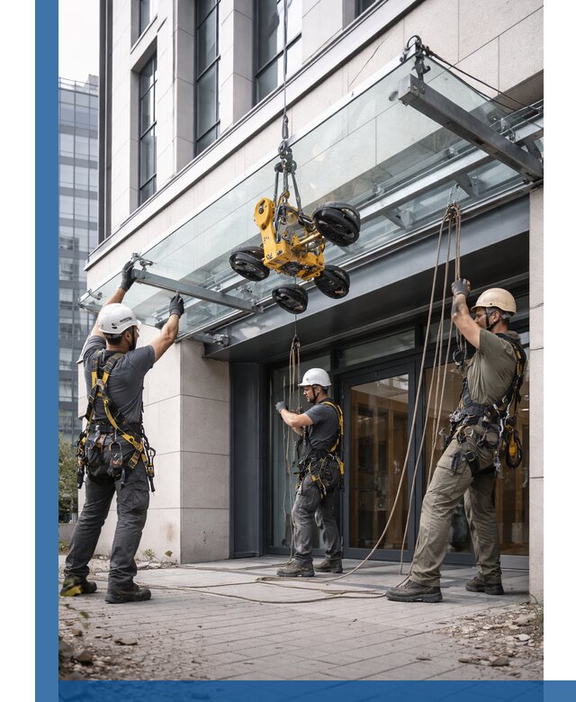 Монтаж стеклянных козырьков под ключ в Усолье-Сибирском для зданий