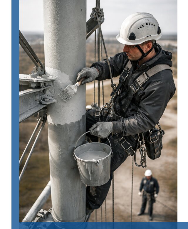 Покраска мачт связи в Усолье-Сибирском промышленными альпинистами