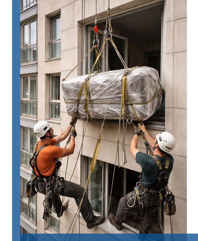 Подъем грузов через окно в Усолье-Сибирском промышленными альпинистами