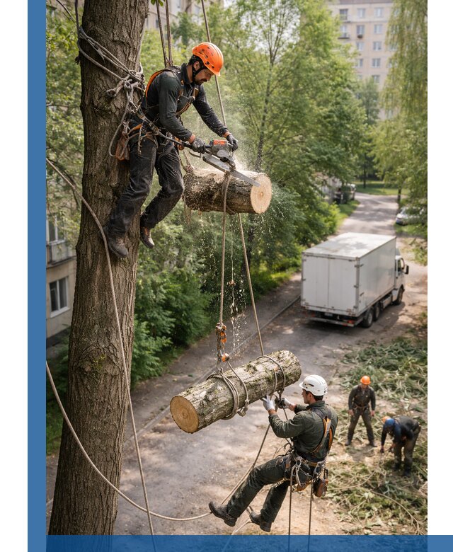 Спил деревьев альпинистами в Усолье-Сибирском, безопасно и без повреждений
