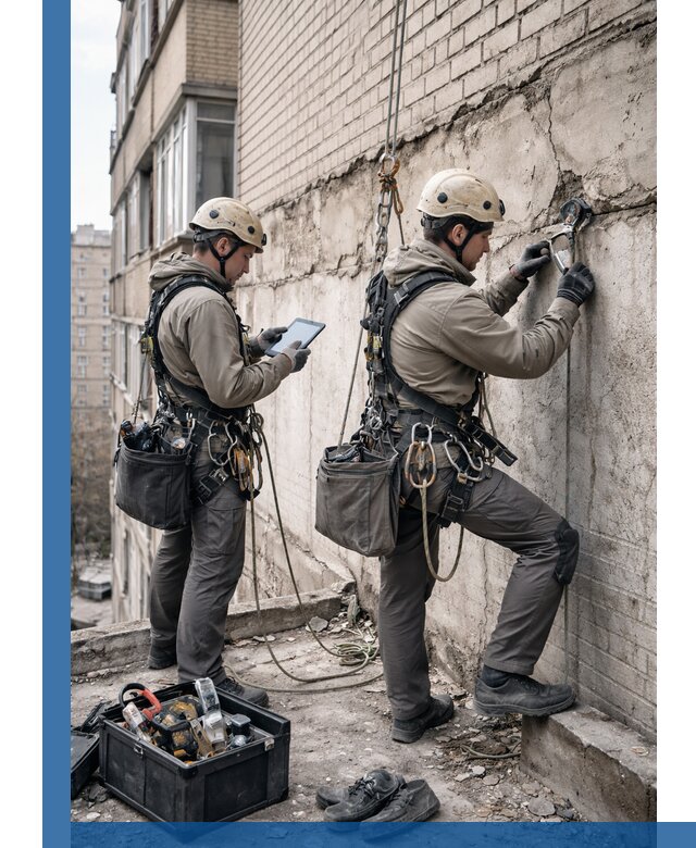 Обследование фасада промышленными альпинистами в Усолье-Сибирском